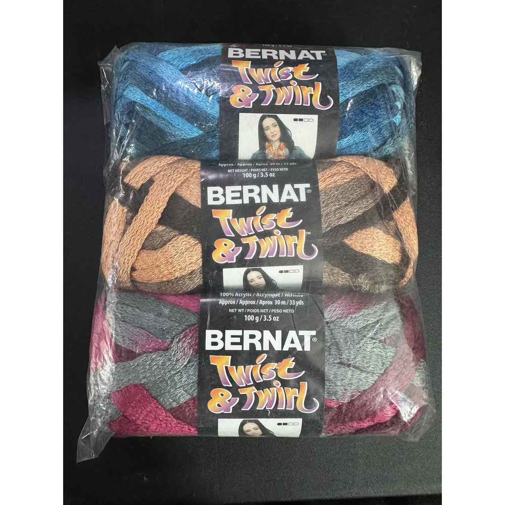 3 Skein Bernat Twist & Twirl Yarn Misty Merlot, Almond Fudge & Blueberry Twirl